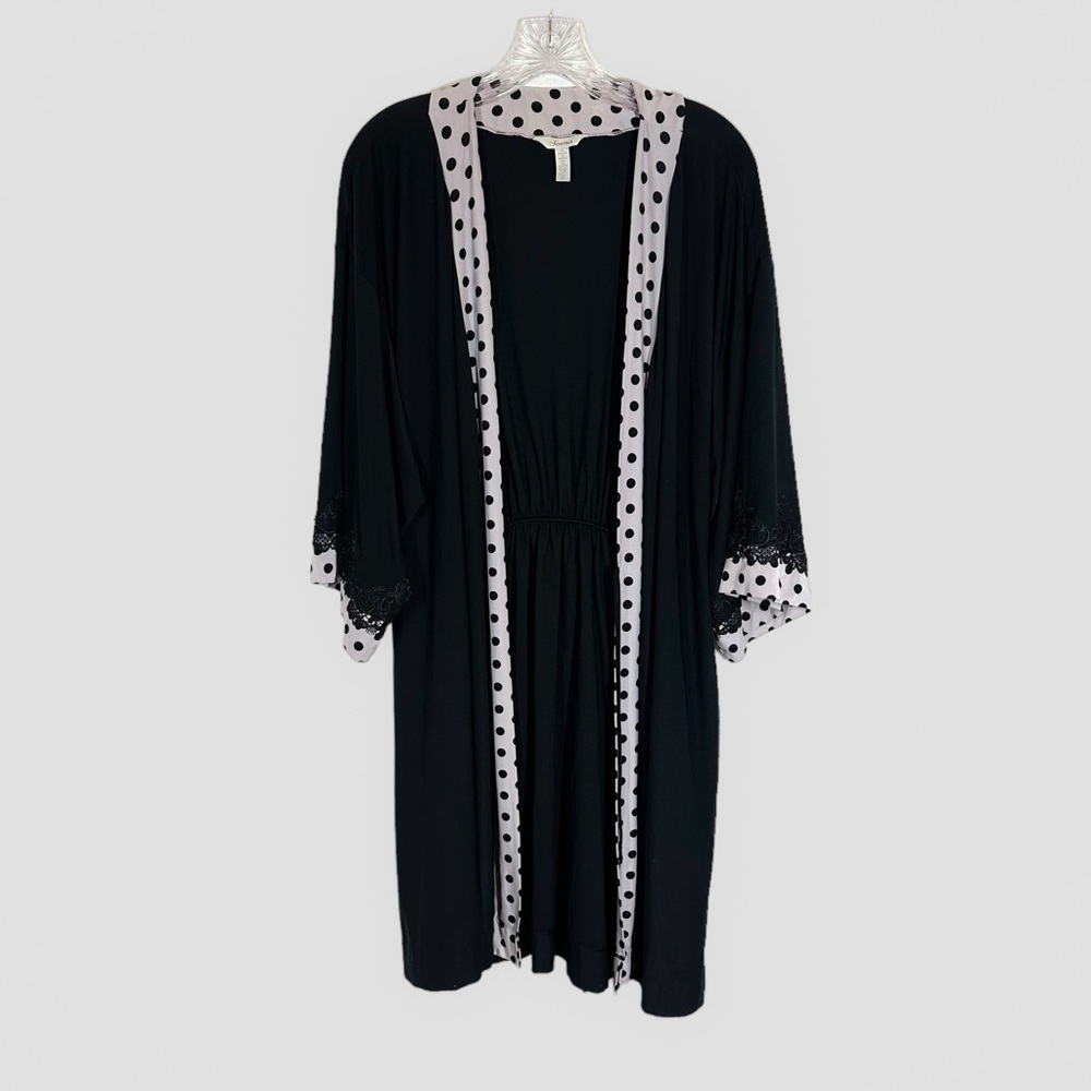 SOMA robe size S/M black w/pink polka dot trim knee length knit long sleeve EUC